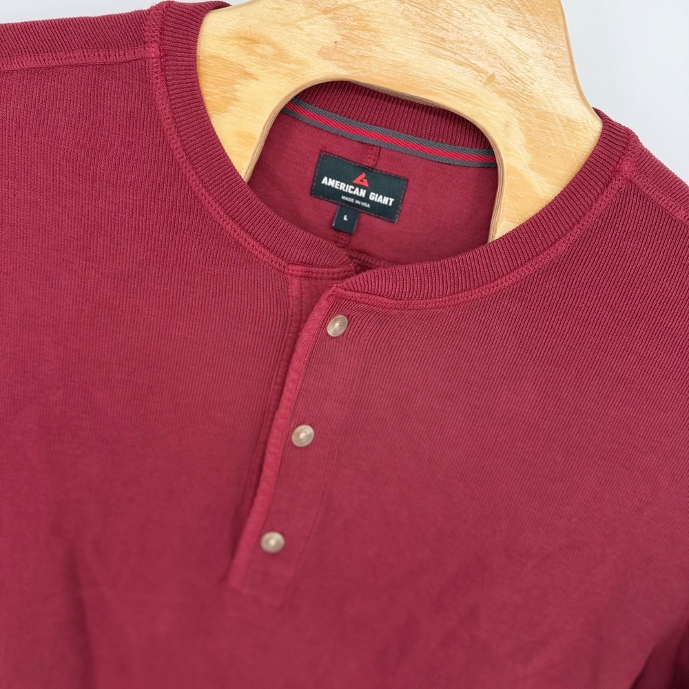 American Giant Mens French Rib L/S Henley Size Large Burgundy Red Cotton Casual